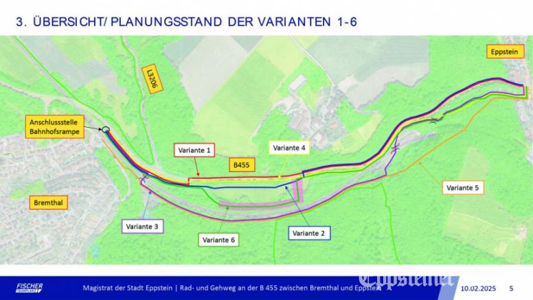 Übersicht und Planungsstand der sechs Varianten für einen Rad- und Gehweg zwischen Eppstein und Bremthal.Grafik: Stadt Eppstein/Fischer Teamplan