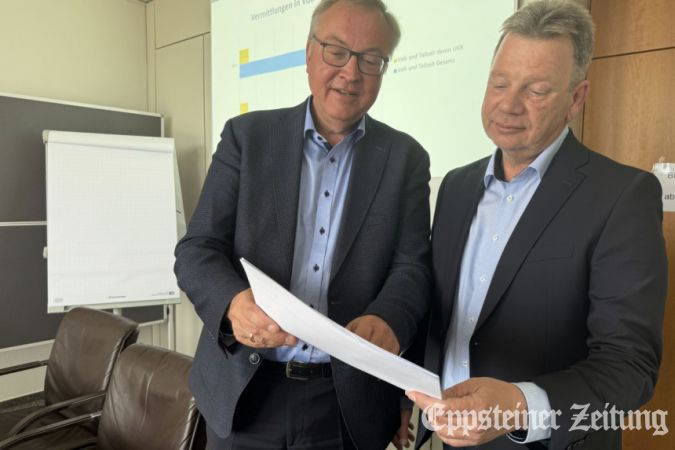 Kreisbeigeordneter Johannes Baron (li.) und der Leiter des Kommunalen Jobcenters, Raphael Stanko, bei der Vorstellung des Eingliederungsberichts. Foto: MTK-Pressestelle