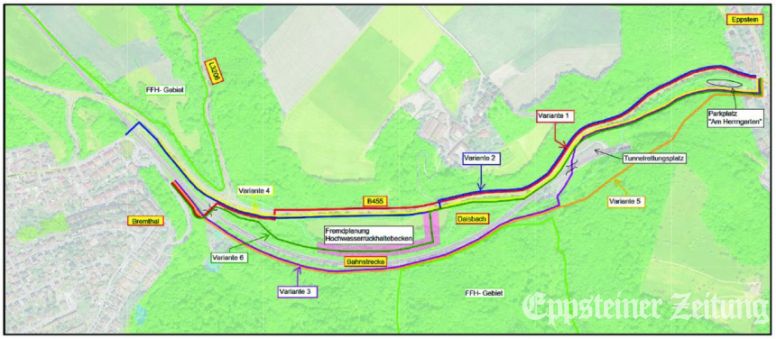 Variantenübersicht für einen Radweg zwischen Eppstein und Bremthal – bevorzugt wird die Variante 6 (grün markiert) durchs Amstertal und teilweise neben der B455.
            Übersichtskarte von Ingenieurbüro Fischer Teamplan GmbH, 2025