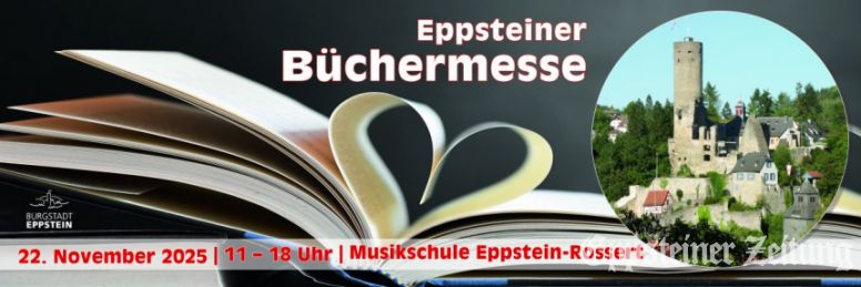 Banner und Flyer mit dem „herzigen“ Buch und Burgsilhouette werben für die Büchermesse.