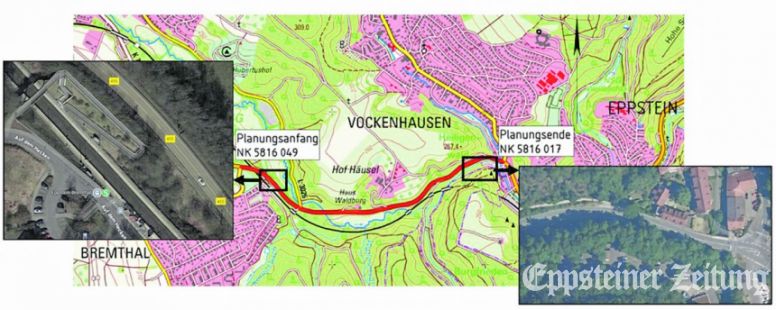 Radwegeplanung: links im Foto S-Bahnhalt Bremthal, rechts die Schmelzmühle am Ortseingang Vockenhausen. Grafik: Stadt Eppstein