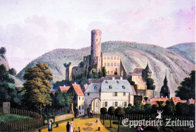 Die Westhälfte der Burg wurde 1776 von den Hessen verlassen und verfiel. Kolorierte Umrissradierung, 1817.
            Repro: Stadt- und Burgmuseum Eppstein.