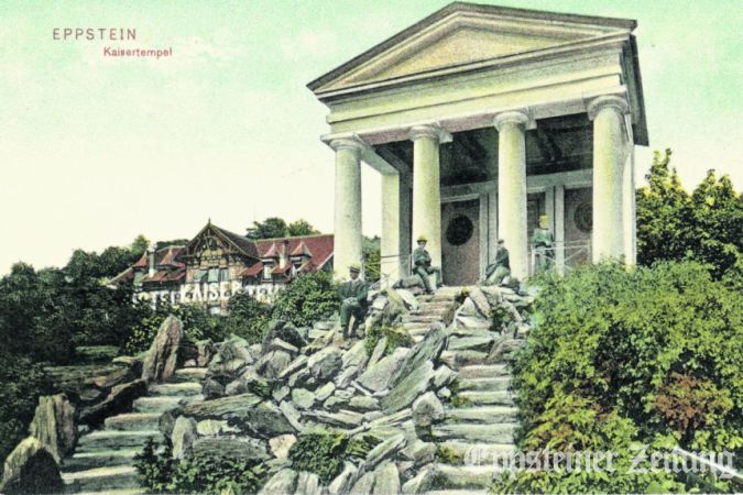 Die Postkarte zeigt um 1910 den Kaisertempel und im Hintergrund das Kaisertempel-Restaurant. Foto: Stadtarchiv