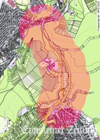 Einzugsbereich für die Erhebung von Planungsgrundlagen für den Radweg Bremthal-Eppstein (orangefarben markiert).Quelle: Stadt Eppstein
