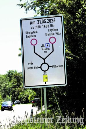 Dieses Schild weist seit einigen Tagen auf die Vollsperrung der Ortseinfahrten von Bremthal am 31. Mai hin. Dann sollen die Strommasten erhöht werden. Zudem wird während des gesamten Wochenendes am Kreisel am Gewerbegebiet West gearbeitet.
Foto: Beate Schuchard-Palmert
