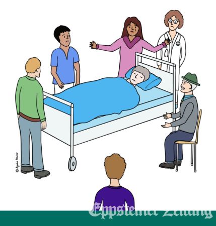Illustrierung aus dem Flyer der Ambulanten Ethikberatung in Hessen. Er kann von deren Webseite www.ambulante-ethikberatung-hessen.de heruntergeladen werden.
