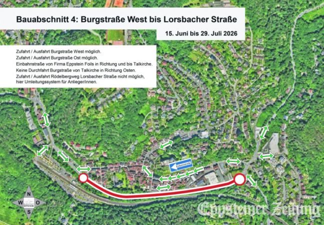 Mit einem kurzen Stück Einbahnstraße will Hessenmobil ein Verkehrschaos in der Altstadt während der Vollsperrung der B455 verhindern – verbesserte Darstellung. Grafik: Stadt Eppstein