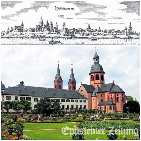 Kloster Seligenstadt (unten) und Merianstich
Foto: Wikipedia