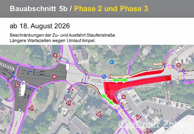 Verkehrsregelung im Bauabschnitt 5b, Phase 2/3: Seit Mitte August: Beschränkungen der Zu- und Ausfahrt Staufenstraße und längere Wartezeiten wegen der Umlauf-Ampel. Skizze: Hessen Mobil