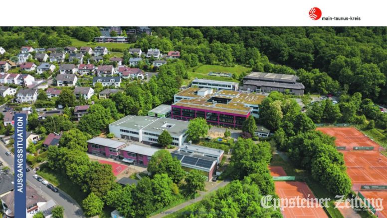 Die Burg-Schule am Schulstandort Eppstein soll erweitert werden. Anstelle des alten Holzpavillons am unteren Grundstücksrand oberhalb des Eppenhainer Wegs will der Kreis ein zweigeschossiges Betreuungsangebot bauen und im Untergeschoss Richtung Eppenhainer Weg eine Mensa. Foto: MTK-Pressestelle/CopterCam AG