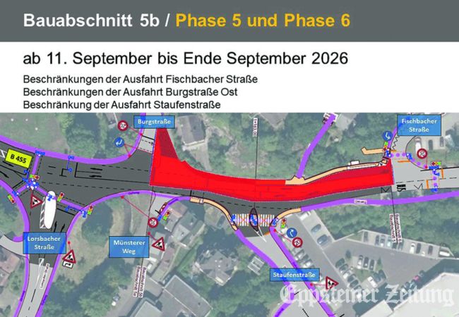 Verkehrsregelung im Bauabschnitt 5b, Phase 5/6ab 11. September: Beschränkungen der Ausfahrten Fischbacher Straße, Burgstraße und Staufenstraße. Skizze: Hessen Mobil