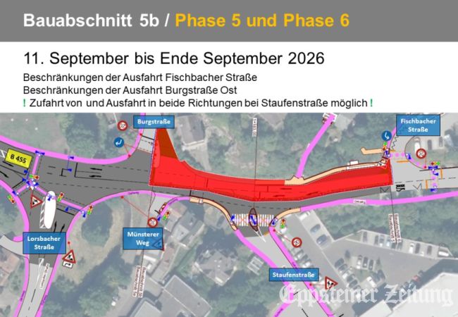 Verkehrsregelung im Bauabschnitt 5b, Phase 5/6 ab 11. September bis zum Monatsende: Beschränkungen der Ausfahrten Fischbacher Straße, Burgstraße Ost und Staufenstraße. Skizze: Hessen Mobil