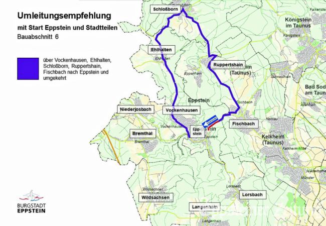 Die Umleitungsempfehlung im Bauabschnitt 6 Richtung Fischbach führt von Eppstein über Vockenhausen, Ehlhalten, Schloßborn und Ruppertshain nach Fischbach.
Skizze: Stadt Eppstein