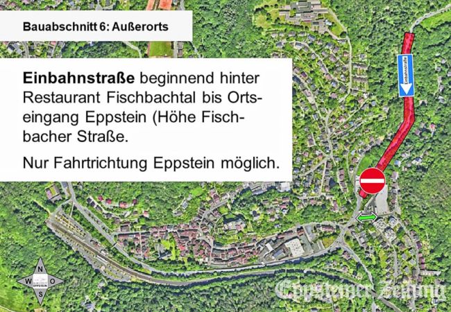 Verkehrsregelung im Bauabschnitt 6 ab 25. September mit Einbahnstraßenregelung aus Richtung Fischbach. Skizze: Stadt