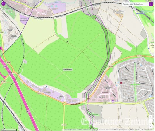 Planungsunterlagen von Amprion zum Netzausbau für Rhein-Main-Link – der Ausschnitt zeigt den Abschnitt mit geplanter Erdverkabelung (gestrichelte Linie) an den Gewerbegebieten Eppstein West und Valterweg.
Grafik: amprion.net