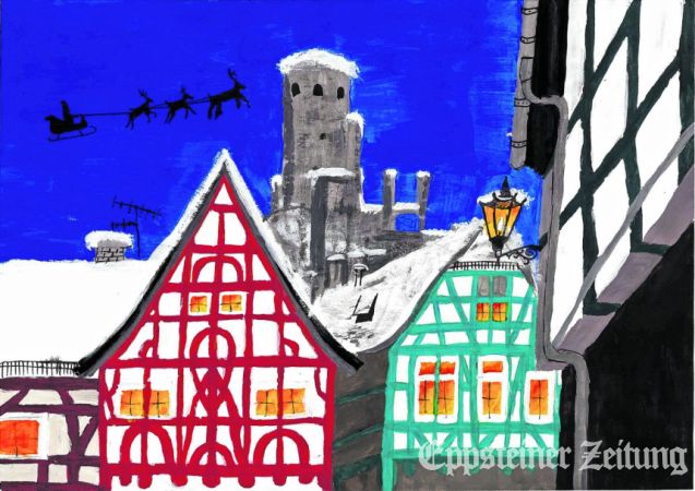 Winterzauber in Eppstein: Das Titelmotiv des Lions-Adventskalenders 2026 zeigt die verschneite Altstadt mit Fachwerkhäusern und Burg. Gemalt wurde das Bild von der 15-jährigen Josefine Pfennig. Foto: privat